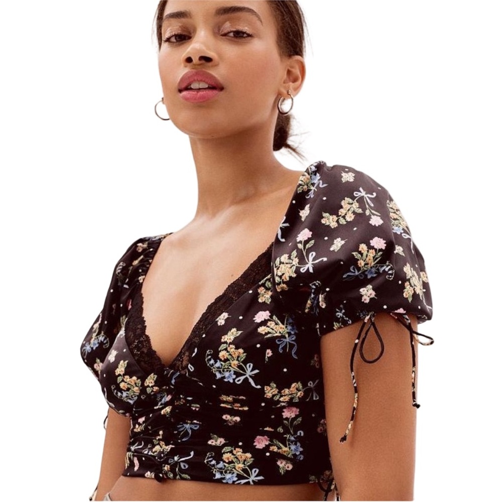 For Love And Lemons "August" Satin Floral Crop Top with Puffed Sleeves